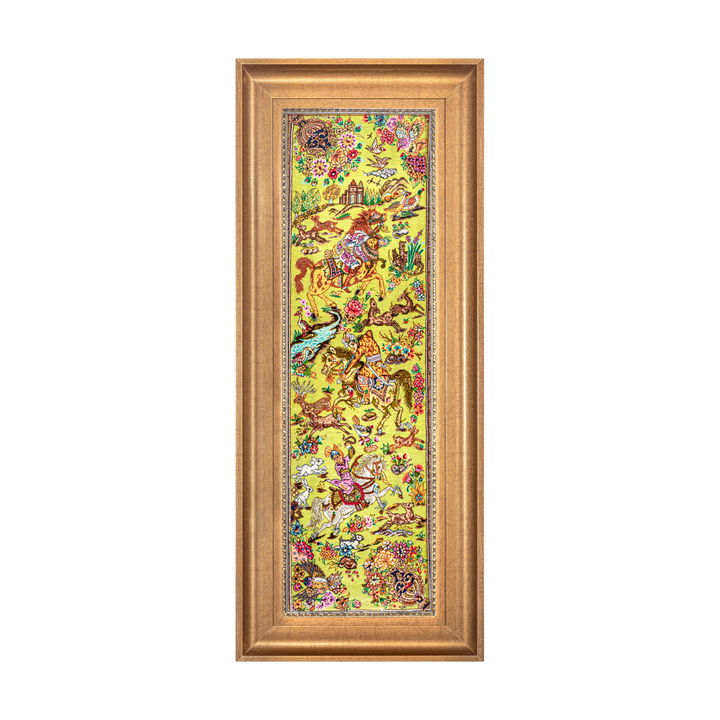 Hunting Persian handmade silk rug in Light Green, 90 × 29 cm