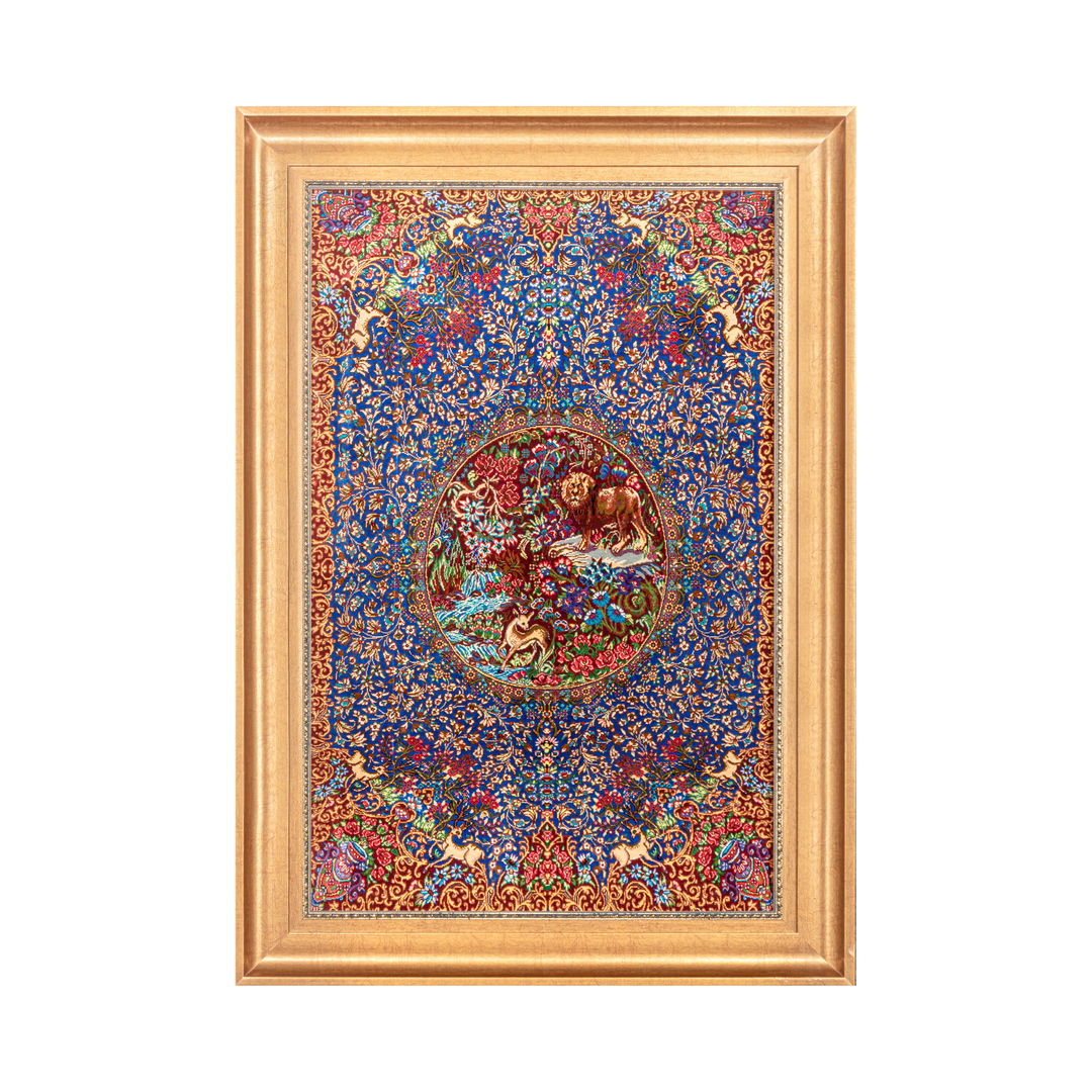 Hunting scene Persian handmade silk rug in Red, 90 × 60 cm