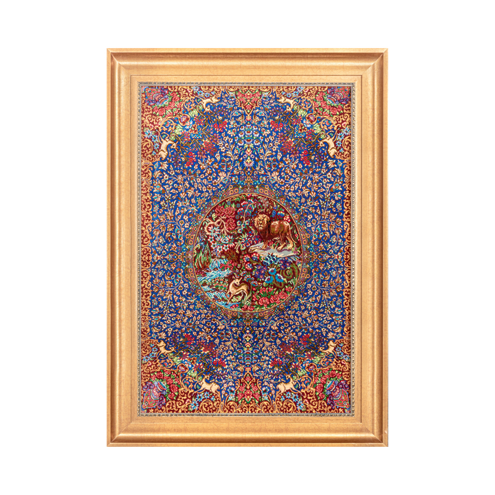 Hunting scene Persian handmade silk rug in Red, 90 × 60 cm