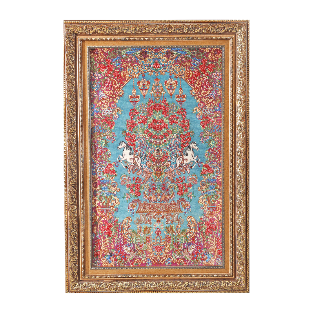 Equestrian Bloom Persian handmade silk rug in Purple, 95 × 59 cm