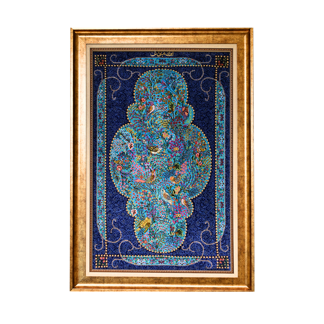 Bird Garden Persian handmade silk rug in Dark Blue, 87 × 59 cm