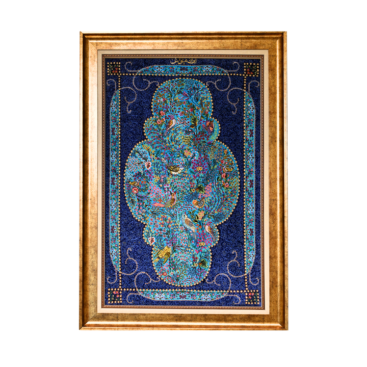 Bird Garden Persian handmade silk rug in Dark Blue, 87 × 59 cm