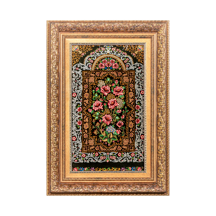 Imperial Paisley Persian handmade silk rug in Dark Green, 59 × 36 cm
