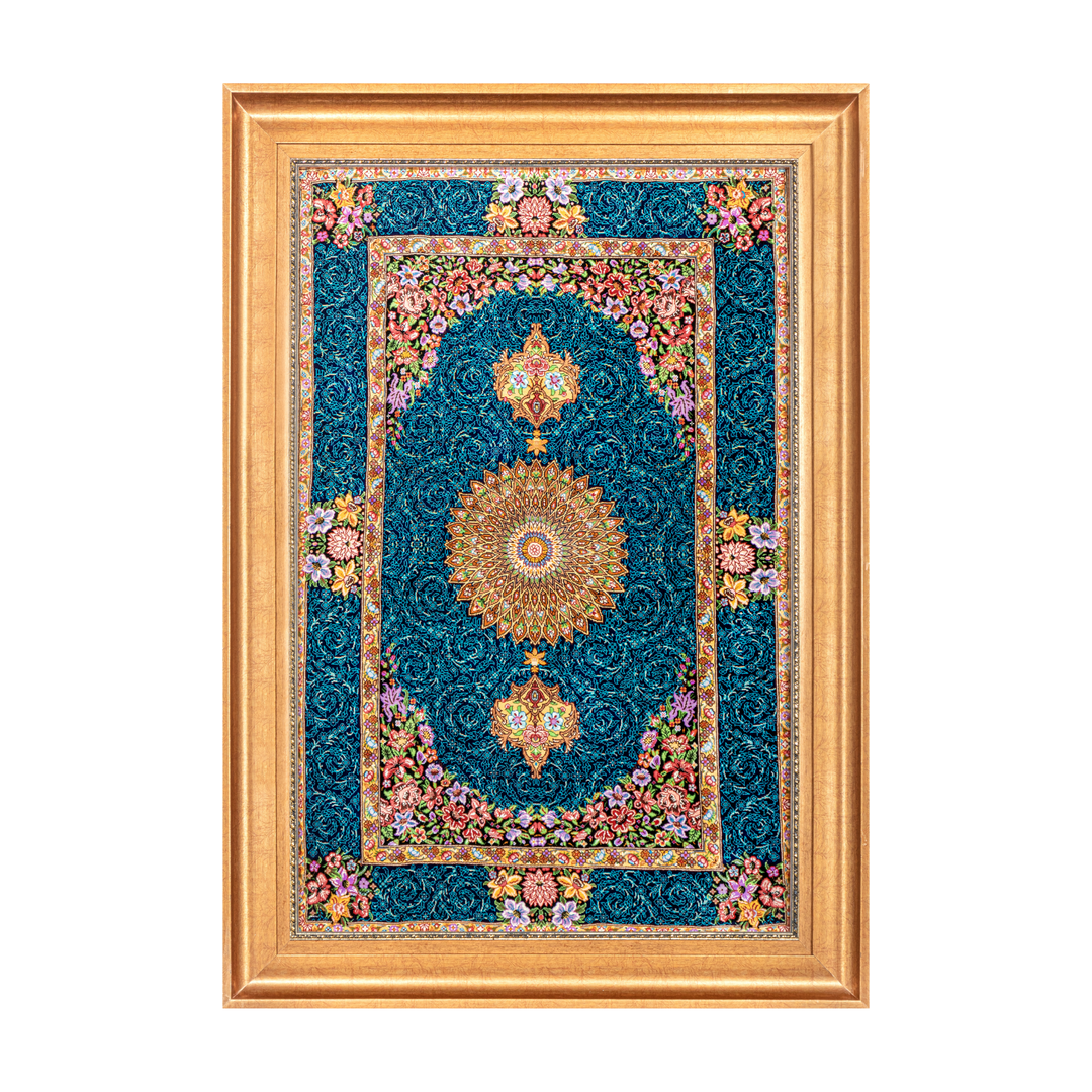 Medallion Persian handmade silk rug in Blue, 97 × 62 cm