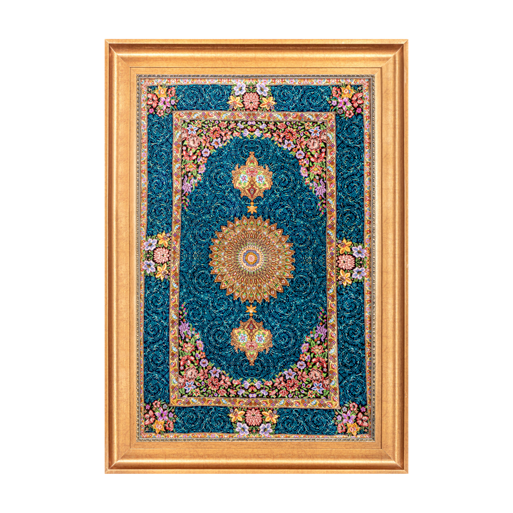 Medallion Persian handmade silk rug in Blue, 97 × 62 cm