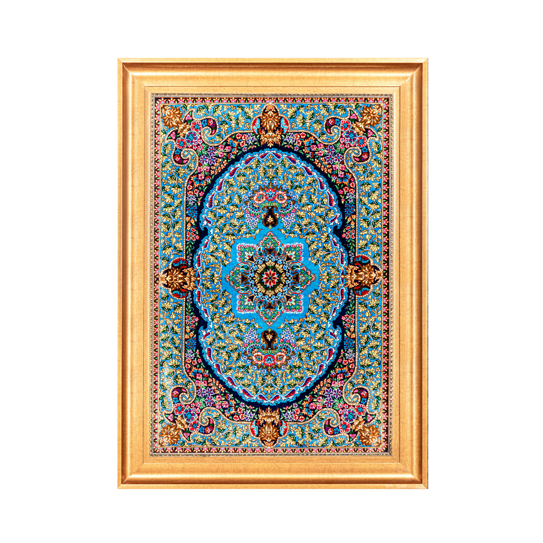 Medallion Persian handmade silk rug in Dark Blue, 91 × 60 cm