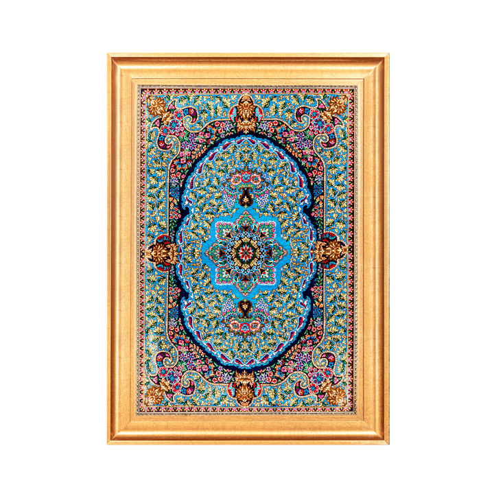 Medallion Persian handmade silk rug in Dark Blue, 91 × 60 cm