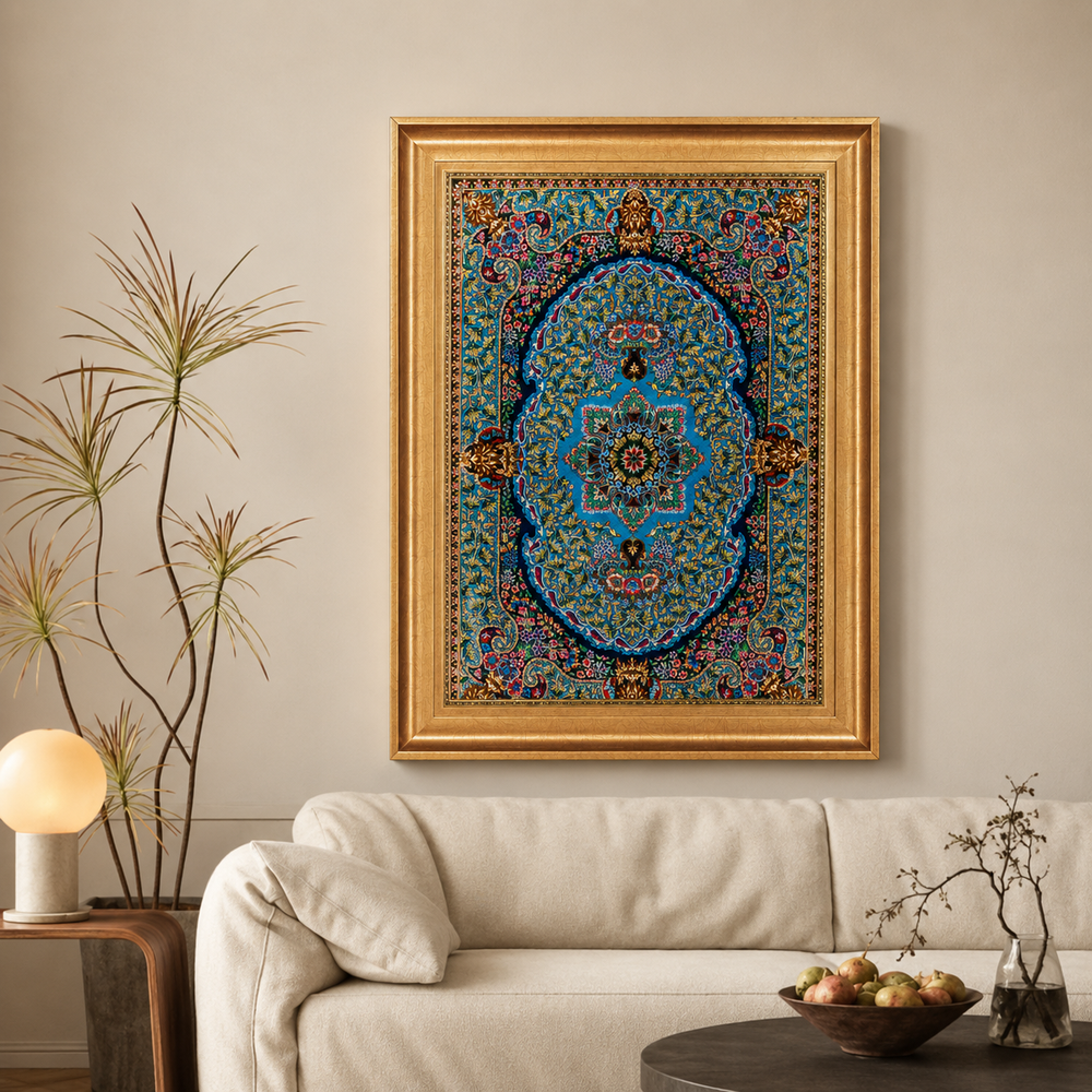 Medallion Persian handmade silk rug in Dark Blue, 91 × 60 cm