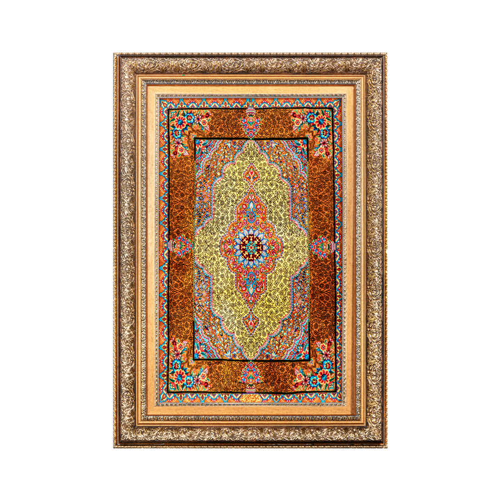 Medallion Persian handmade silk rug in Yellow, 79 × 48 cm