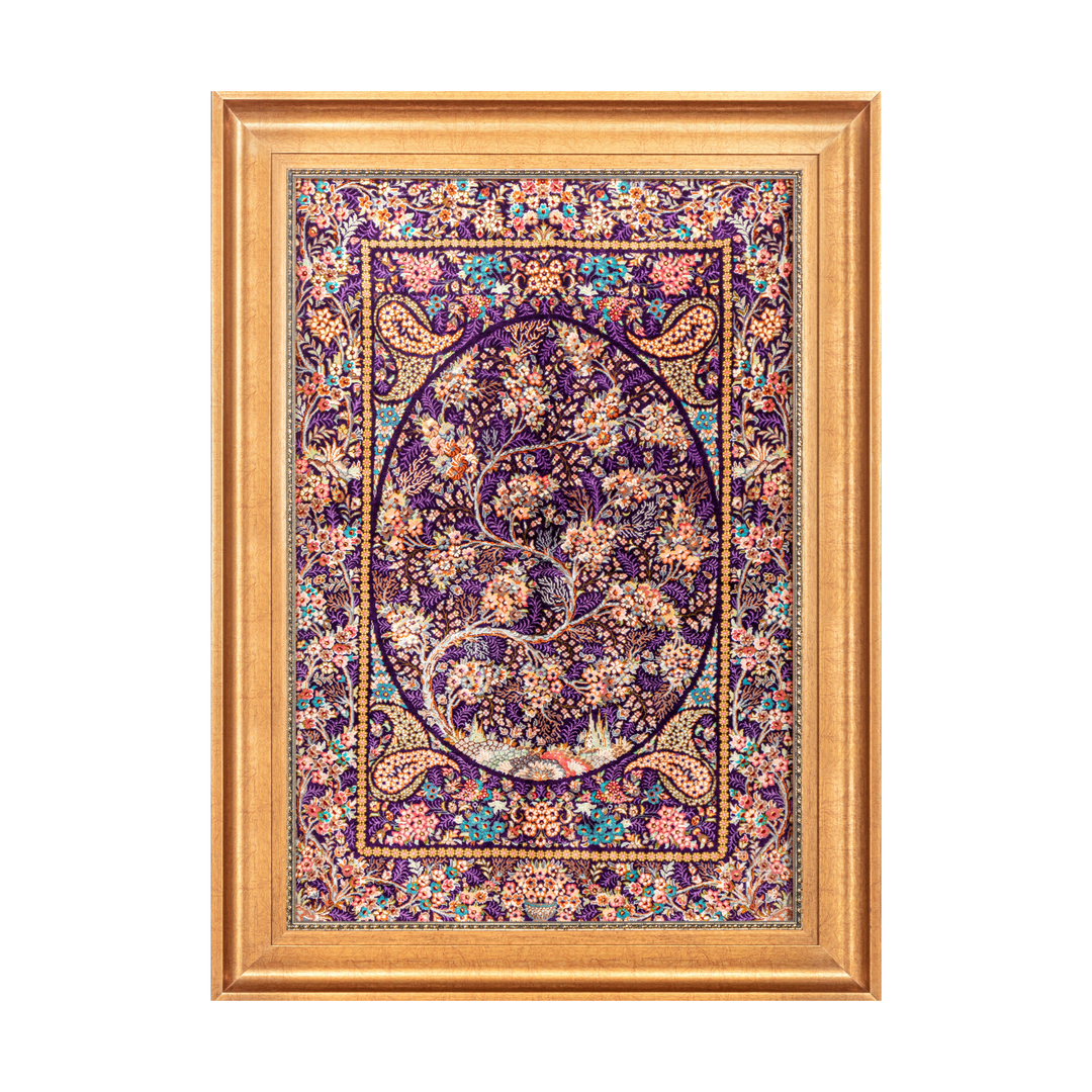 Life Tree Persian handmade silk rug in Purple, 85 × 59 cm