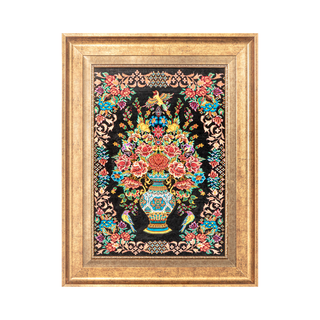 Vase of flowers Persian handmade silk rug in Black, 57 × 41 cm