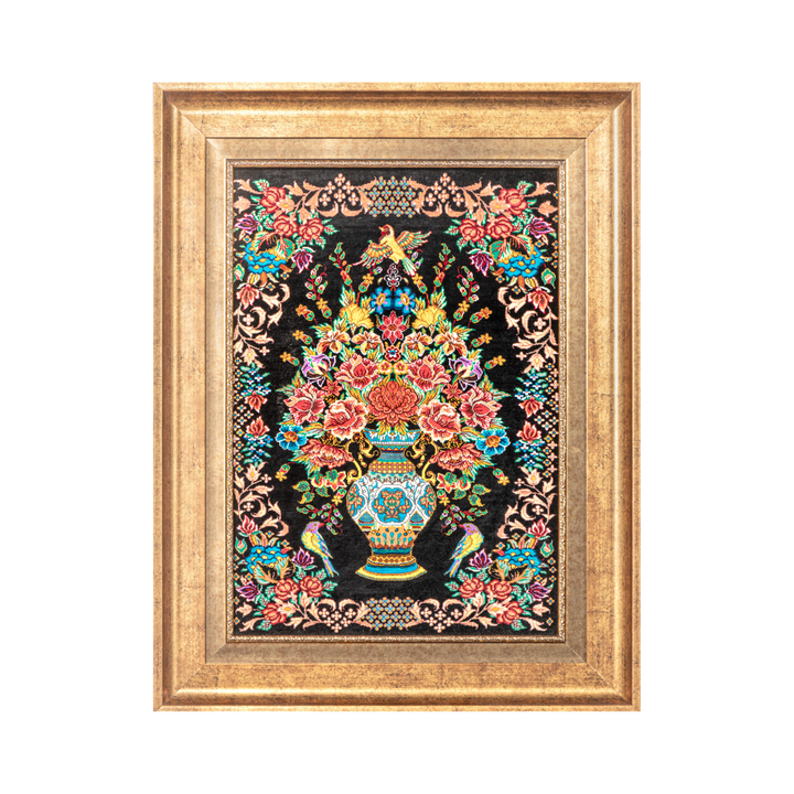 Vase of flowers Persian handmade silk rug in Black, 57 × 41 cm