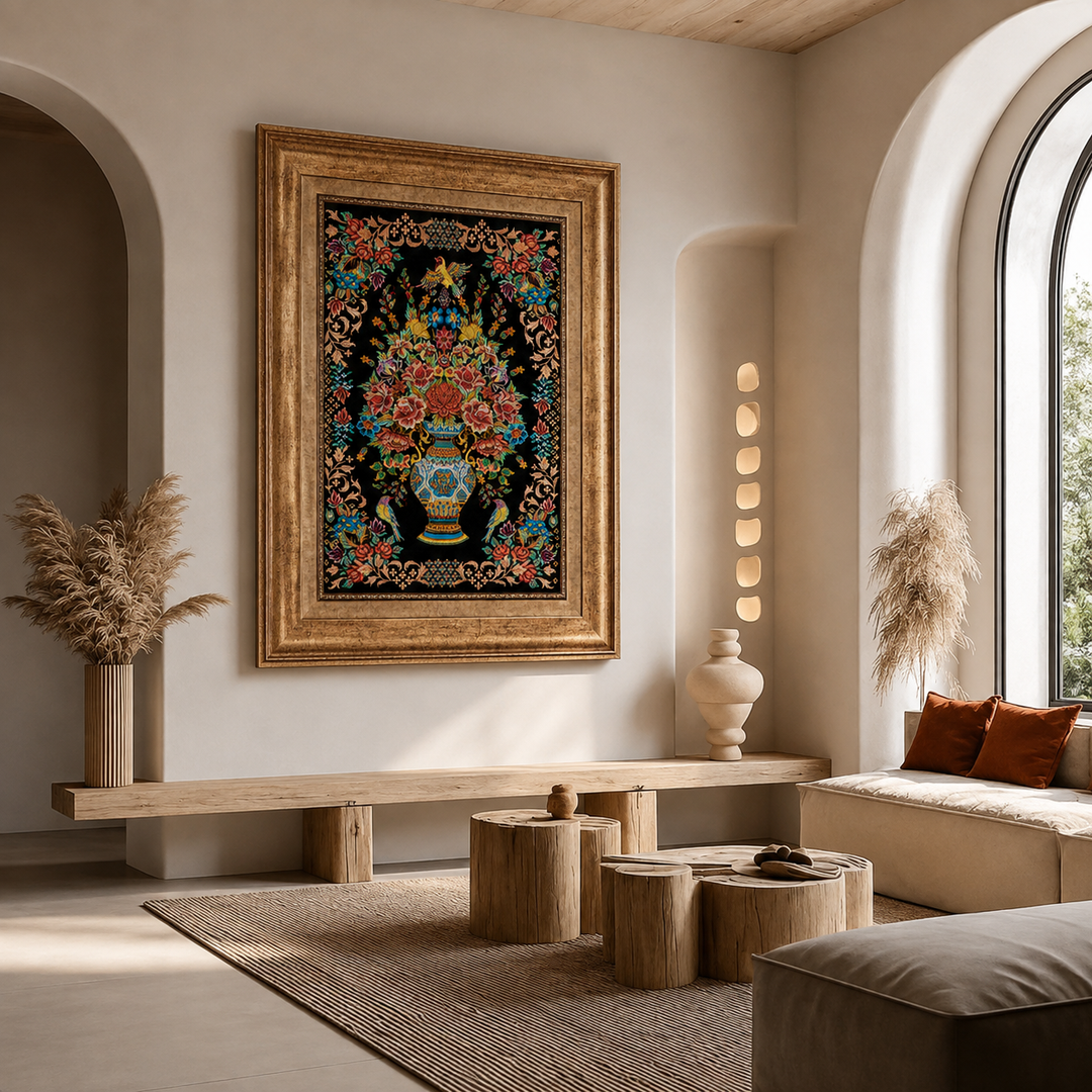 Vase of flowers Persian handmade silk rug in Black, 57 × 41 cm