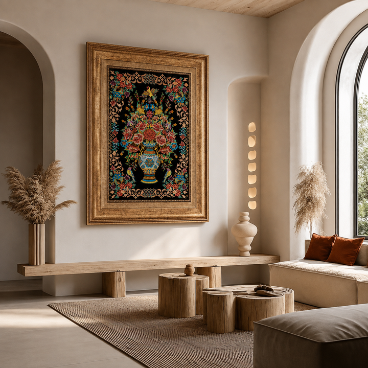 Vase of flowers Persian handmade silk rug in Black, 57 × 41 cm