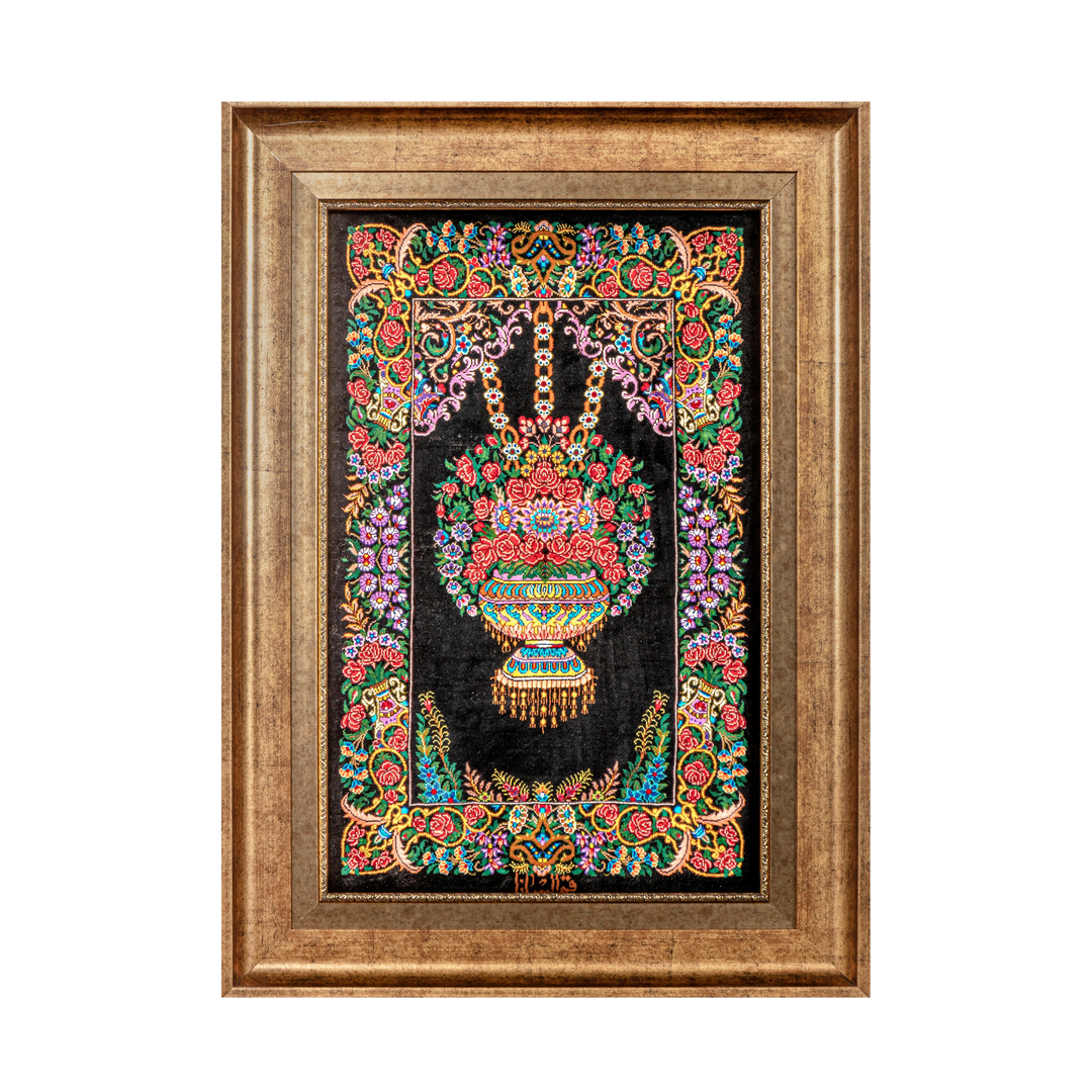 Vase of flowers Persian handmade silk rug in Black, 62 × 40 cm