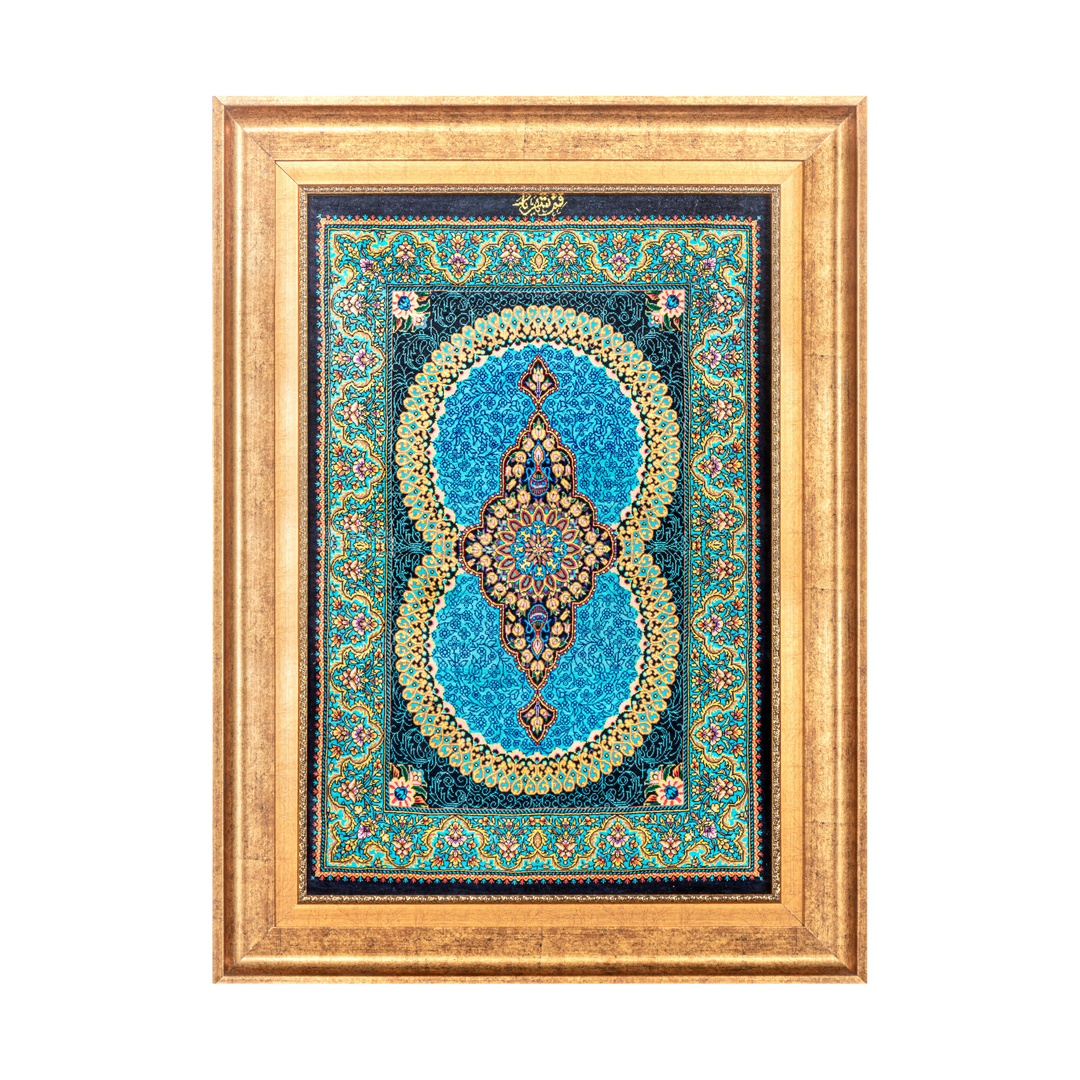 Medallion Persian handmade silk rug in Navy Blue, 73 × 49 cm