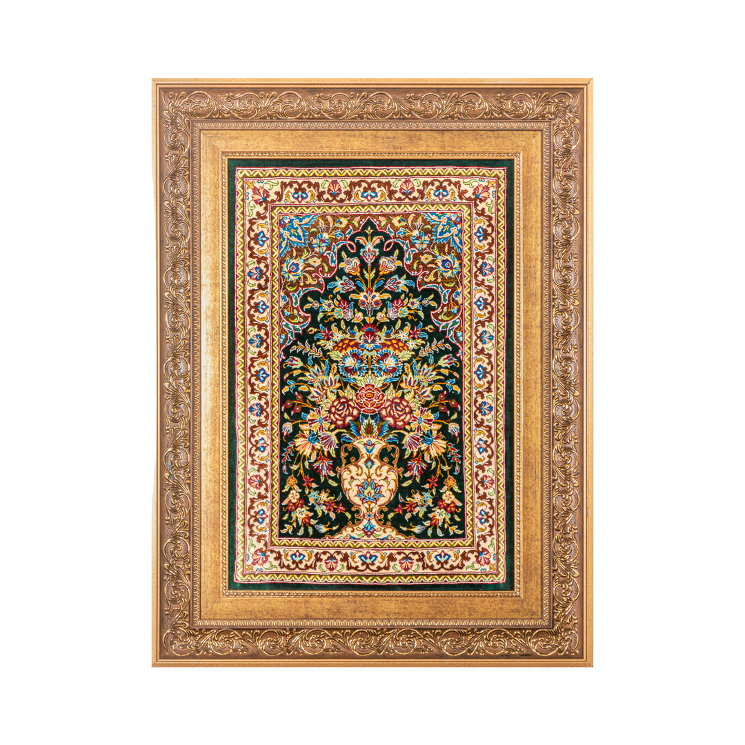 Vase of flowers Persian handmade silk rug in Green, 62 × 41 cm