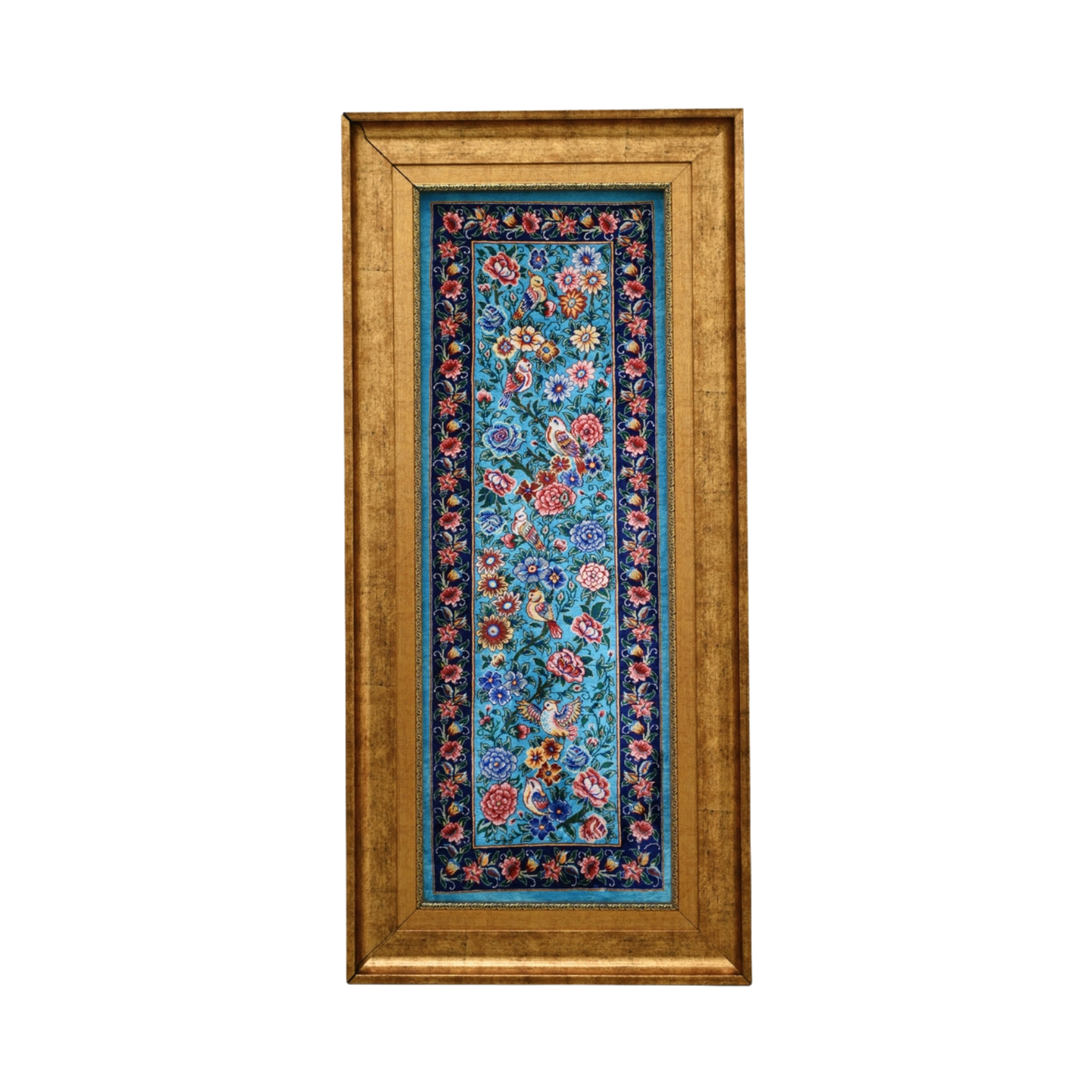 Bird Garden Persian handmade silk rug in Light Blue, 91 × 33 cm