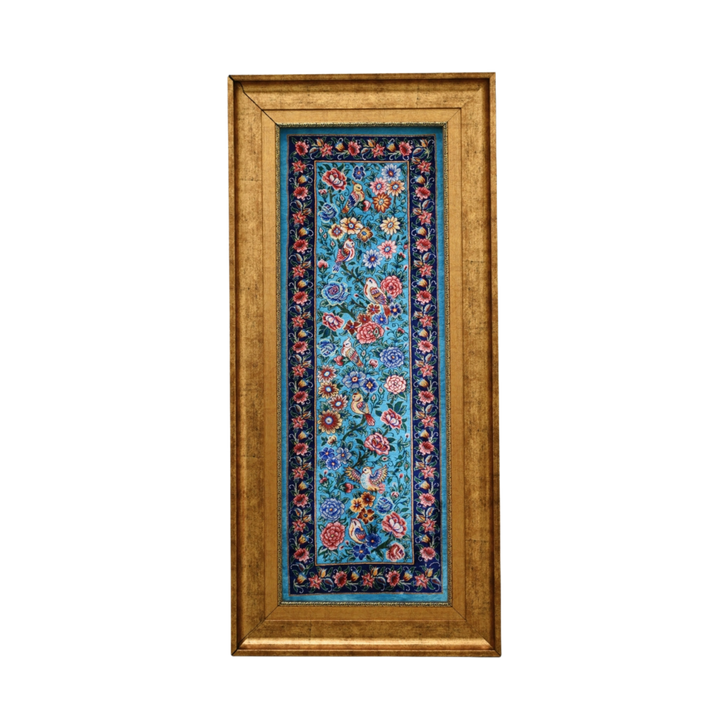Bird Garden Persian handmade silk rug in Light Blue, 91 × 33 cm