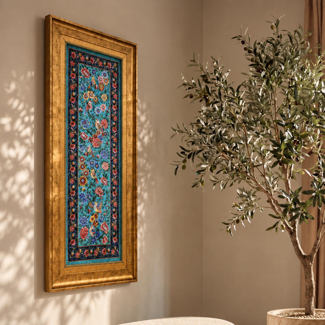 Bird Garden Persian handmade silk rug in Light Blue, 91 × 33 cm