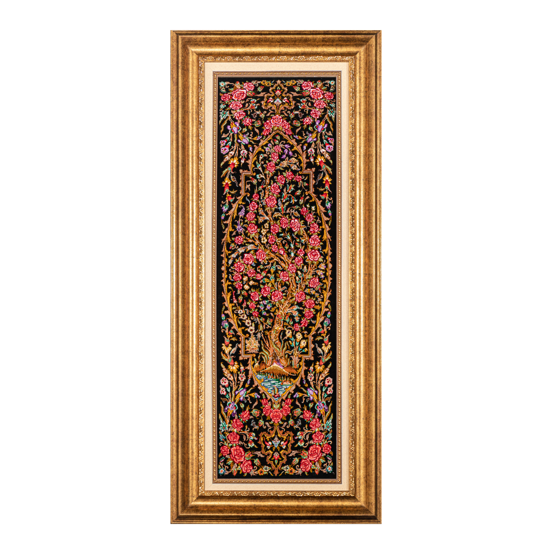 Life Tree Persian handmade silk rug in Black, 93 × 28 cm