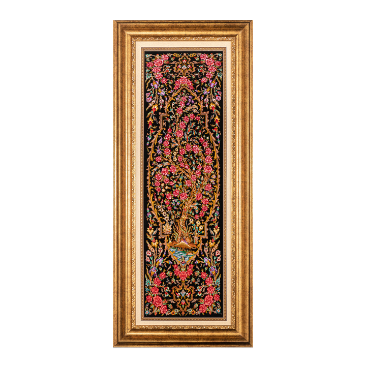 Life Tree Persian handmade silk rug in Black, 93 × 28 cm