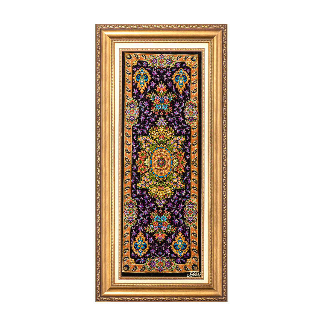 Medallion Persian handmade silk rug in Black, 91 × 34 cm