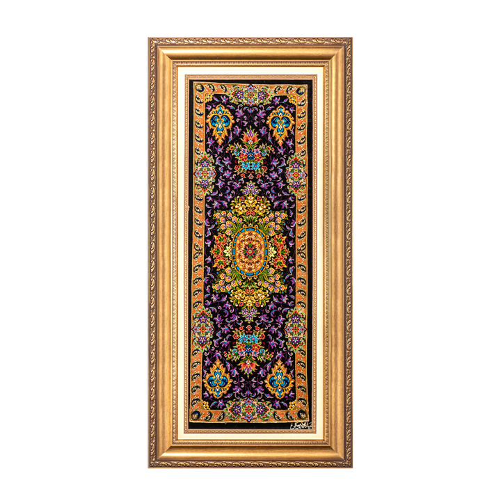 Medallion Persian handmade silk rug in Black, 91 × 34 cm