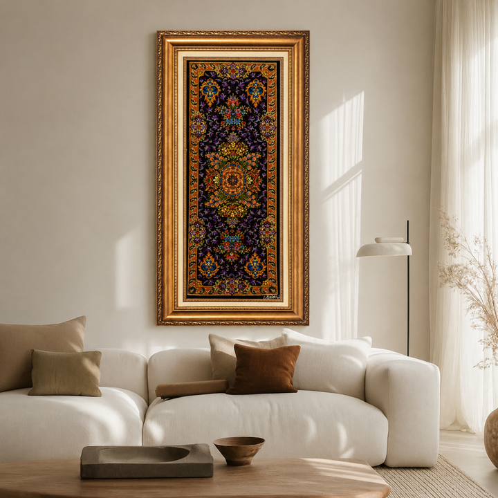 Medallion Persian handmade silk rug in Black, 91 × 34 cm