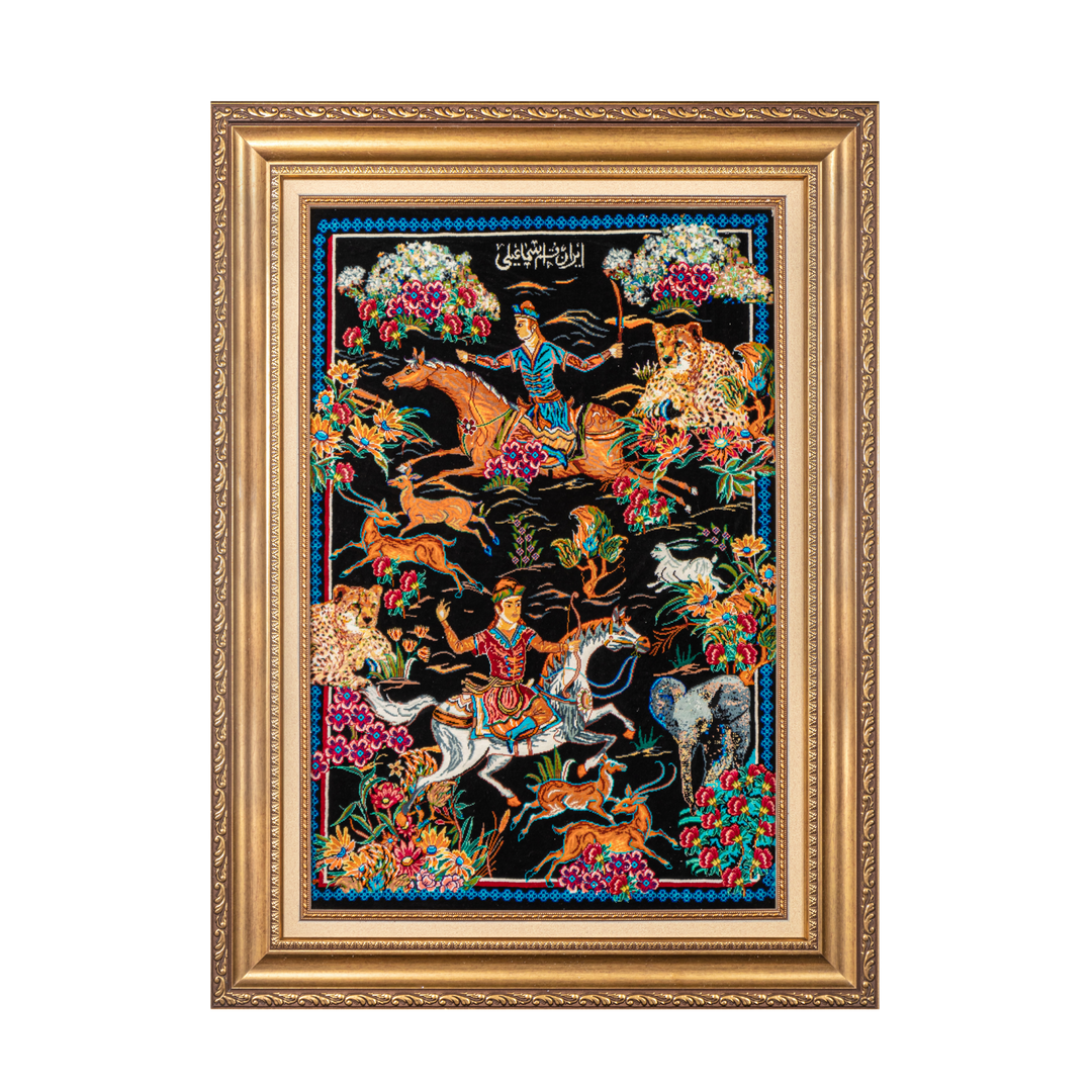 Hunting Persian handmade silk rug in Black, 72 × 49 cm