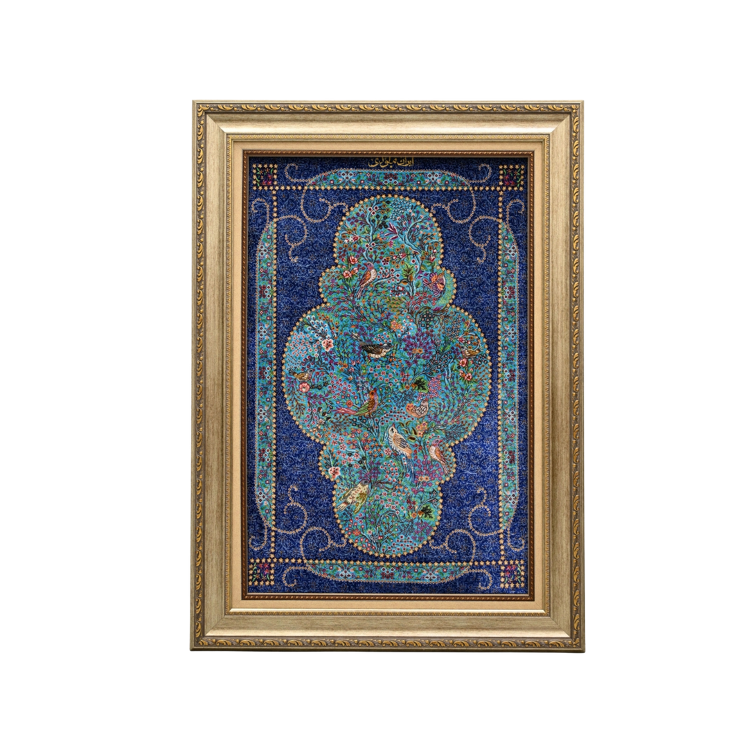 Bird Garden Persian handmade silk rug in Blue, 89 × 58 cm