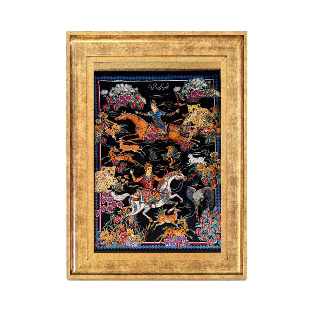 Hunting Persian handmade silk rug in Black, 70 × 48 cm