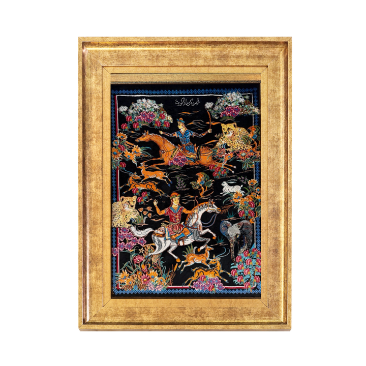 Hunting Persian handmade silk rug in Black, 70 × 48 cm
