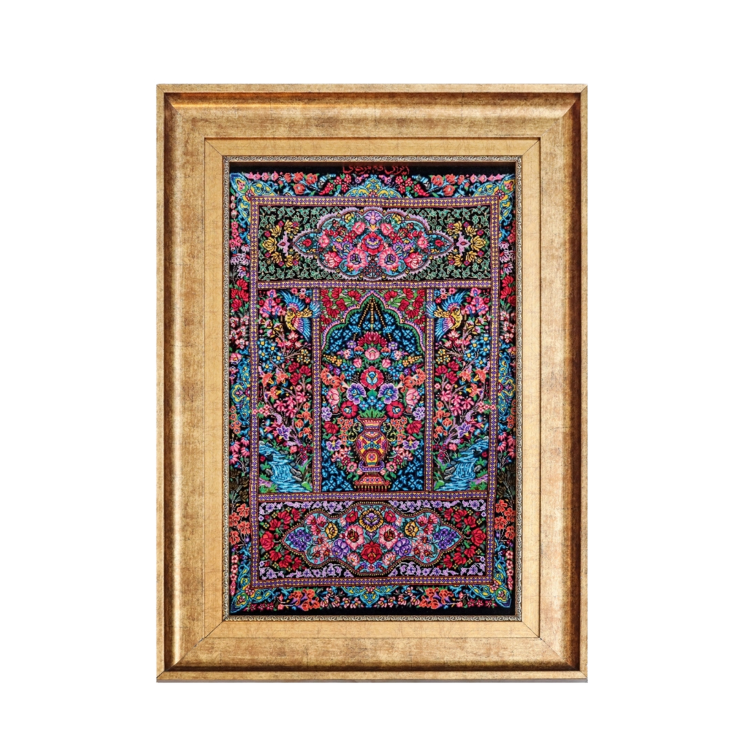 Bouquet Persian handmade silk rug in Black, 67 × 41 cm