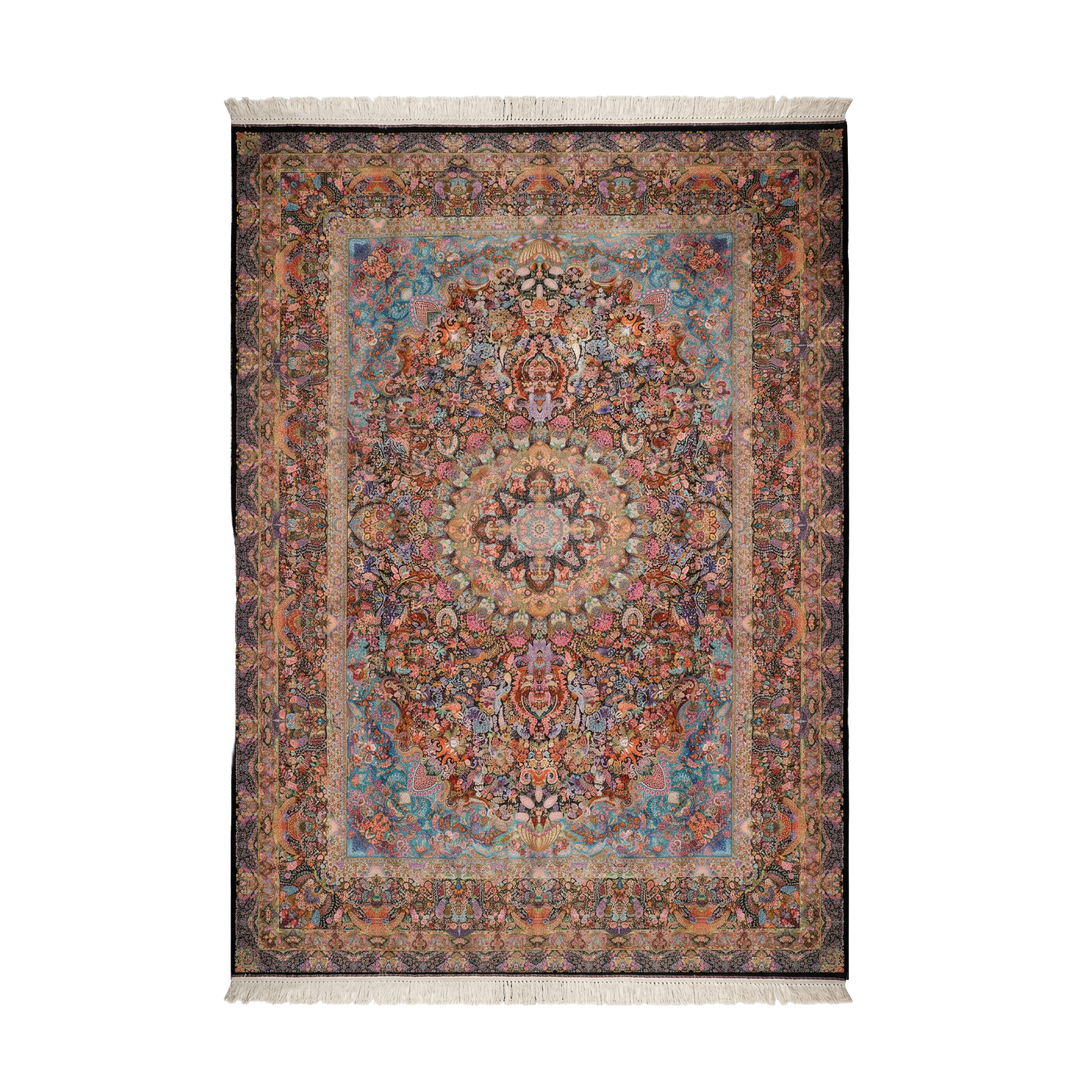 Daste Goli Persian handmade silk rug in Black, 587 × 393 cm