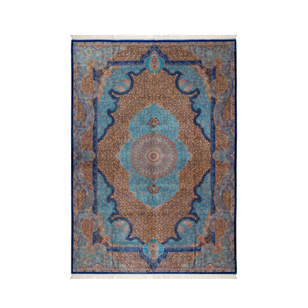 Abrash Flowing Persian handmade silk rug in Blue, 516 × 344 cm