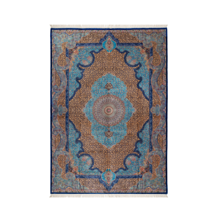 Abrash Flowing Persian handmade silk rug in Blue, 516 × 344 cm