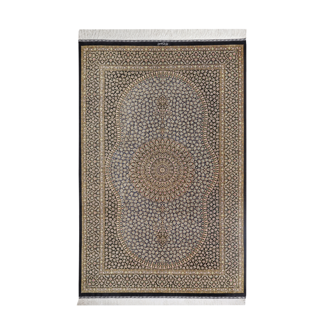 Central Medallion Persian handmade silk rug in Black, 203 × 104 cm