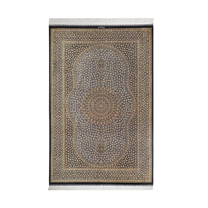 Central Medallion Persian handmade silk rug in Black, 203 × 104 cm