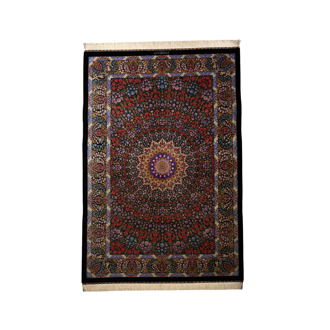 Radial Floral Persian handmade silk rug in Black, 201 × 136 cm