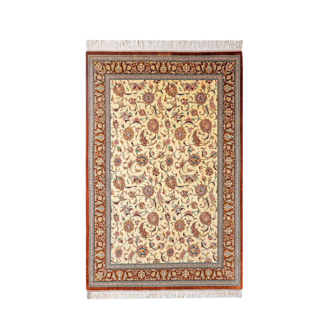 Floral Shah Abbasi Persian handmade silk rug in Brown, 197 × 132 cm