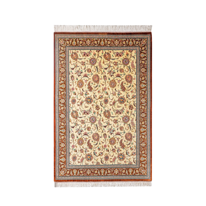Floral Shah Abbasi Persian handmade silk rug in Brown, 197 × 132 cm