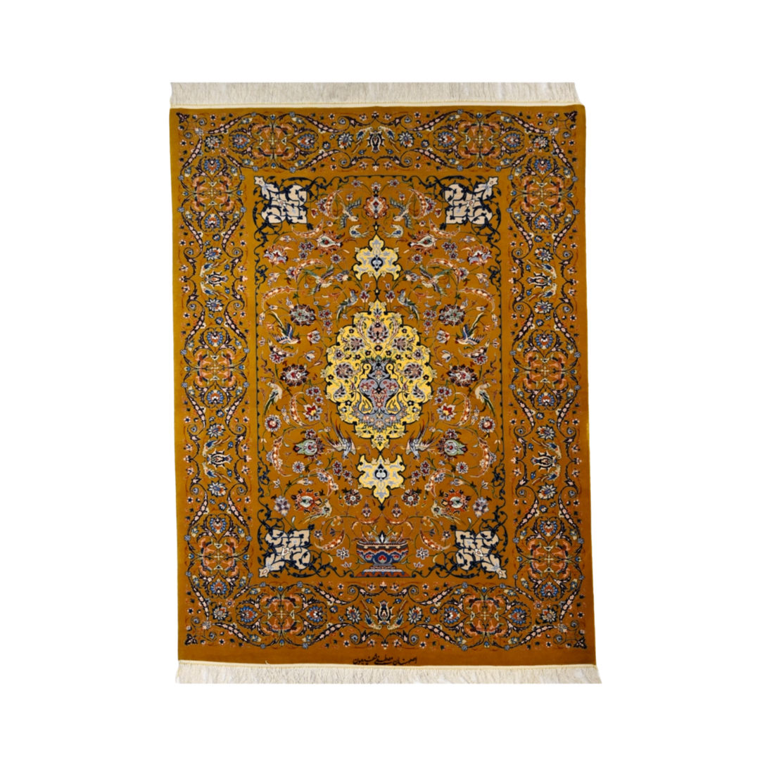 Medallion Persian handmade wool and silk rug in Green, 196 × 127 cm
