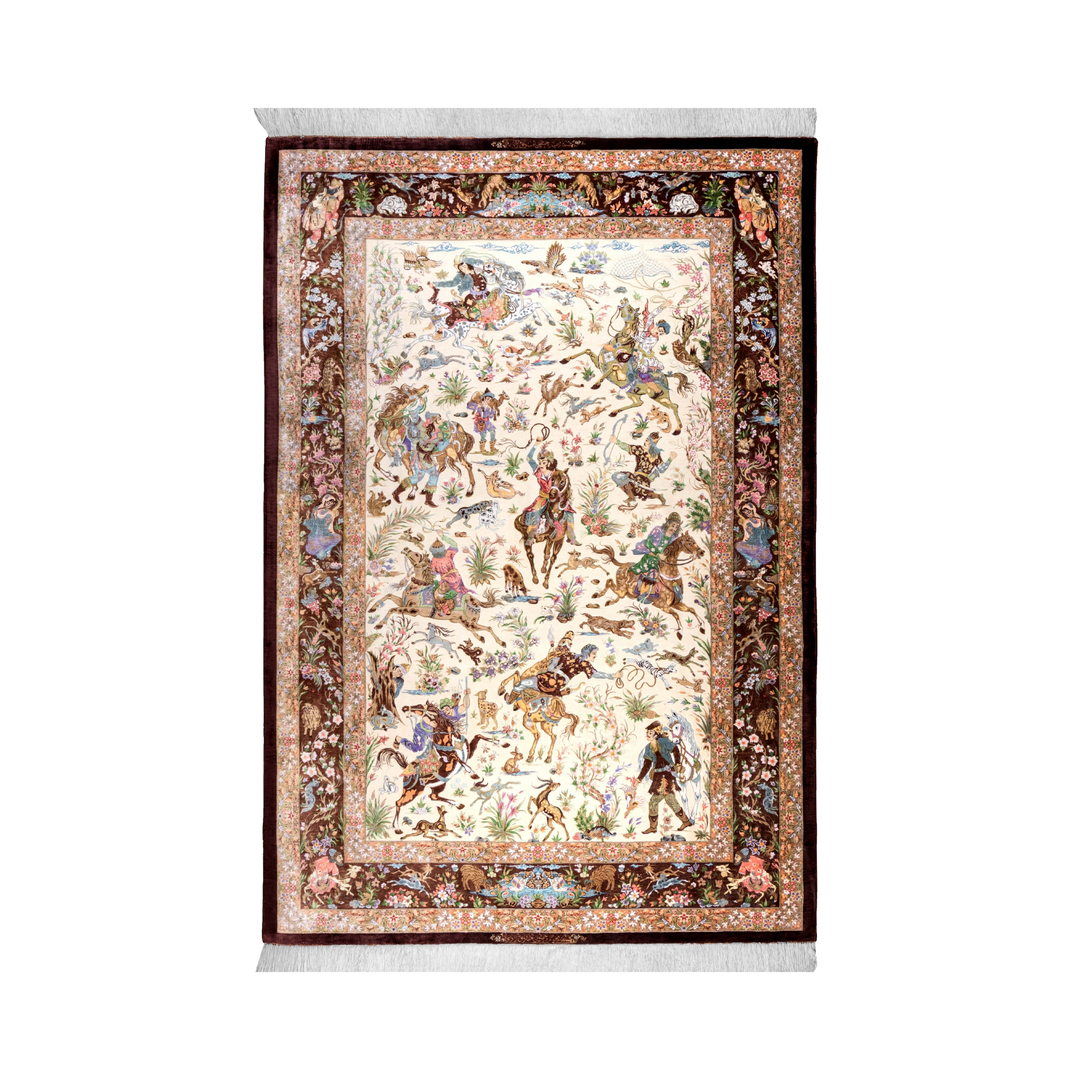 Hunting Persian handmade silk rug in Brown, 216 × 145 cm