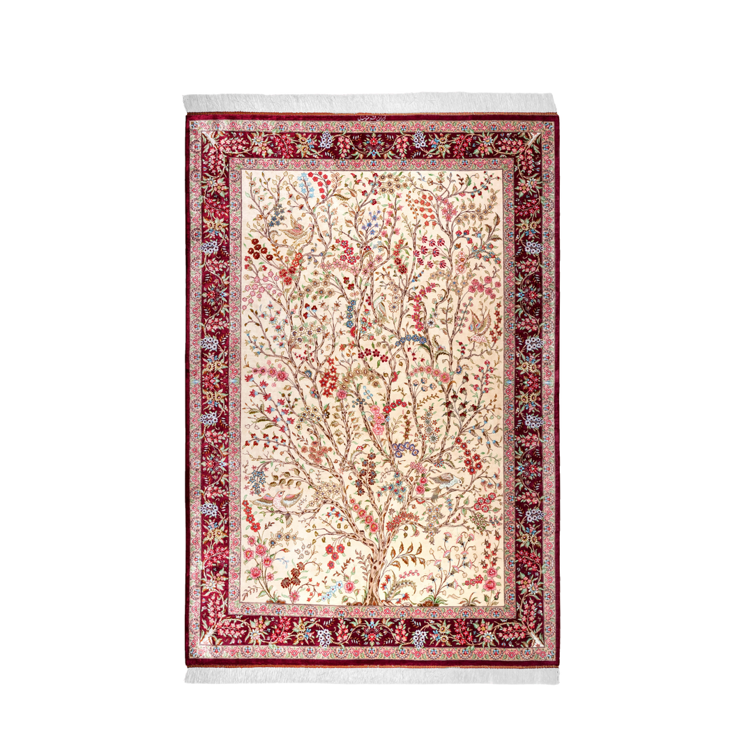 Life Tree Persian handmade silk rug in Dark Red, 196 × 132 cm