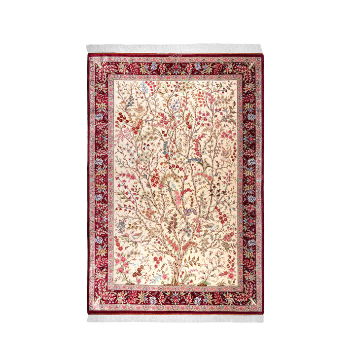 سجادة فارسية حريرية مصنوعة يدويًا Life Tree، بلون أحمر داكن، 196 × 132 cm