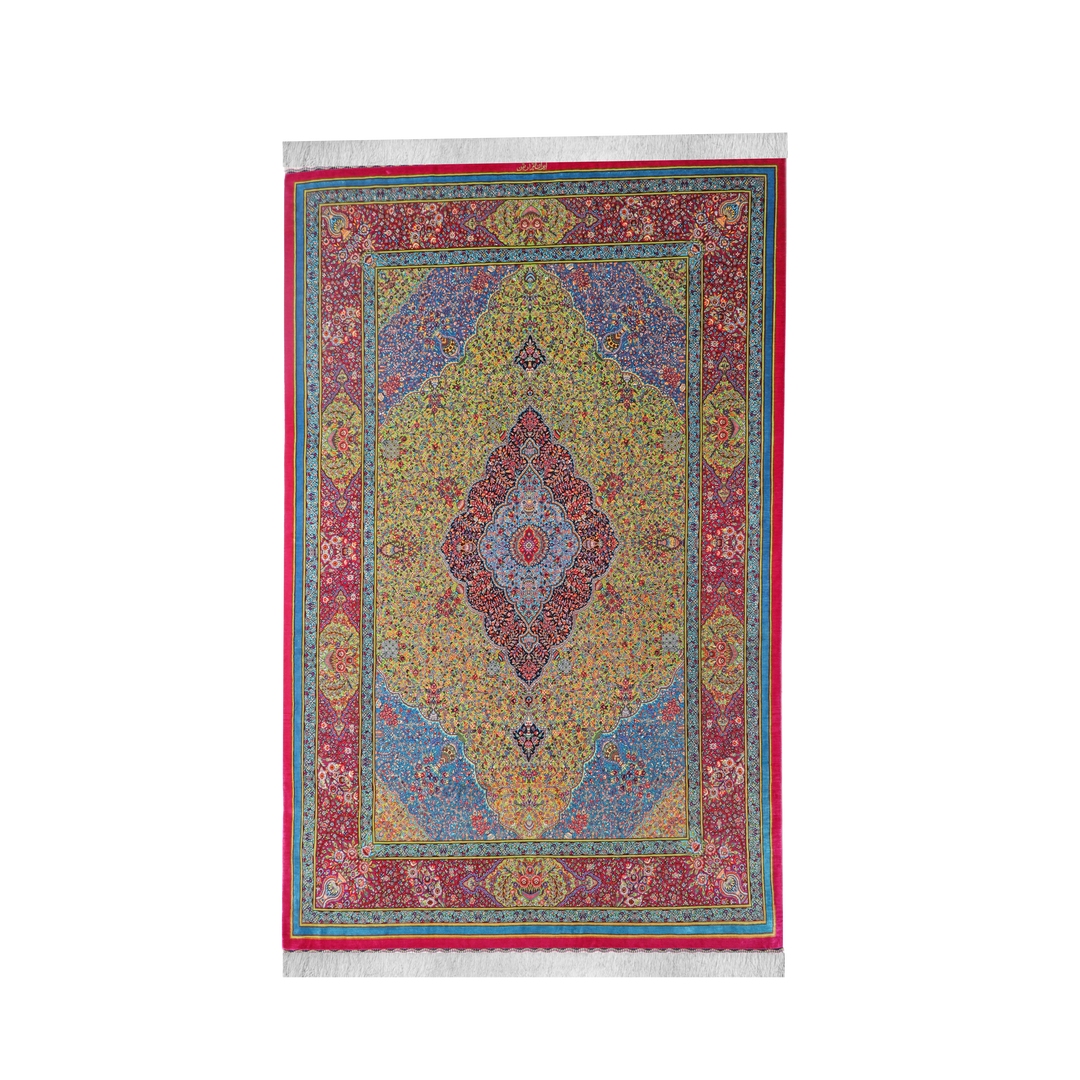 Mihrab with central medallion Persian handmade silk rug in Pink, 203 × 130 cm