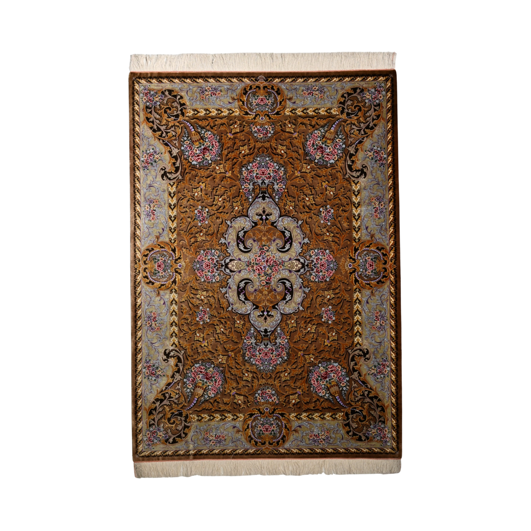 All Over Floral Persian handmade silk rug in Light Brown, 210 × 143 cm