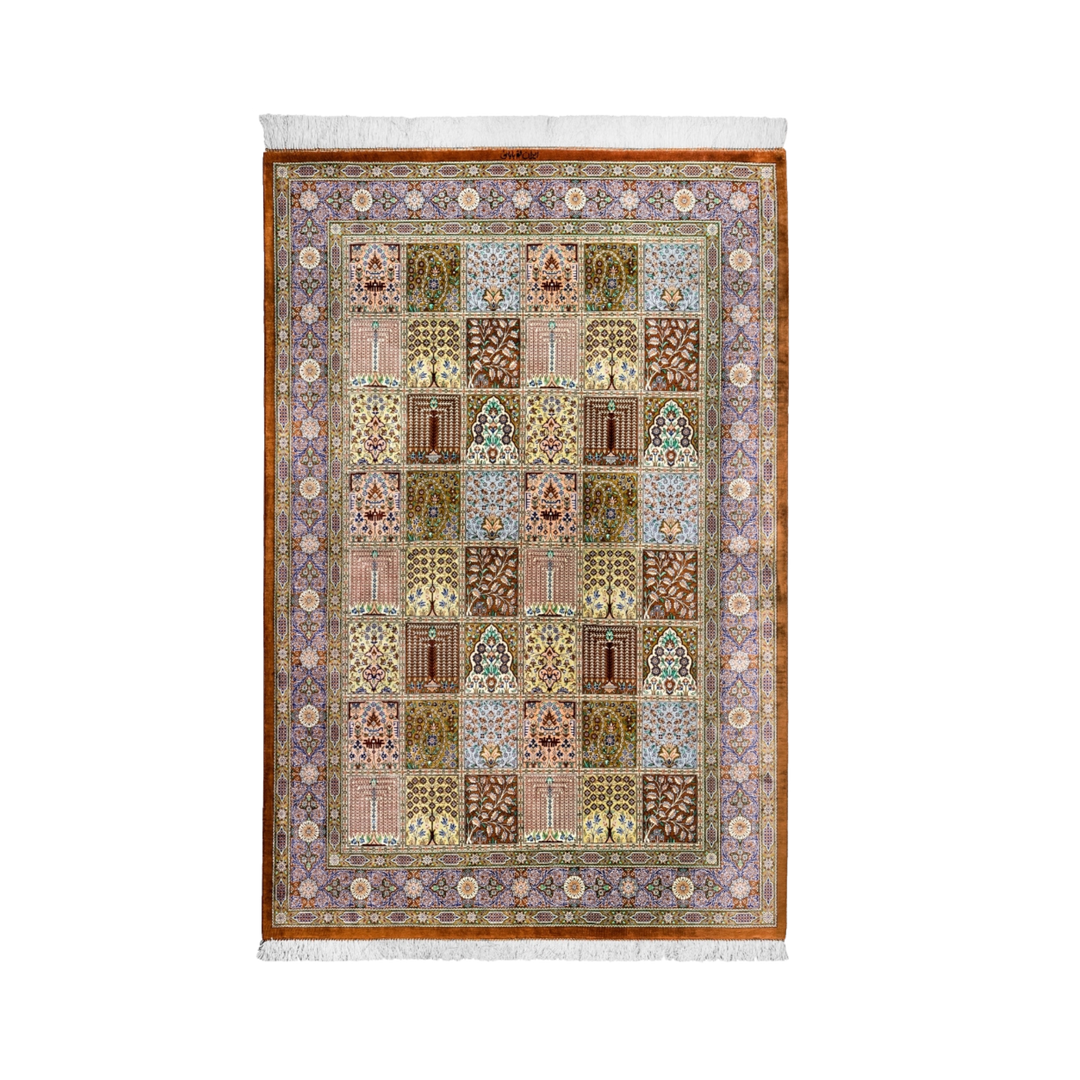 Kheshti Persian handmade silk rug in Light Brown, 202 × 136 cm