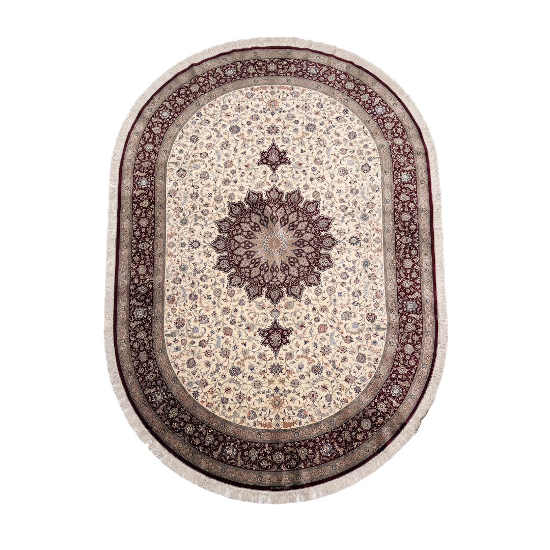 Medallion Shah Abbasi Persian handmade silk rug in Dark Red, 348 × 245 cm